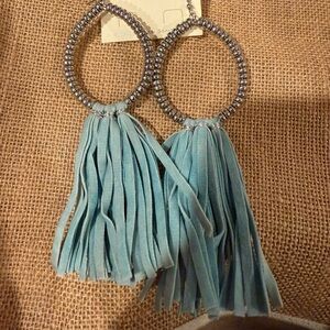 Blue Beaded Hoop Earrings with Tassels